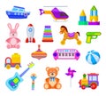 Children toys. Guitar and car, train and whirligig, bear and hare, helicopter and ball, rocket and ship, rattle kids toy