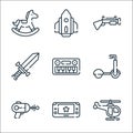 Children toys line icons. linear set. quality vector line set such as helicopter, game console, laser gun, scooter, keyboard,