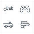 children toys line icons. linear set. quality vector line set such as water gun, toy truck, joystick Royalty Free Stock Photo