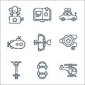 children toys line icons. linear set. quality vector line set such as helicopter, skateboard, pogo stick, yoyo, bow and arrow, Royalty Free Stock Photo