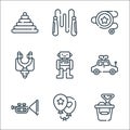 children toys line icons. linear set. quality vector line set such as sand bucket, balloons, trumpet, toy car, robot, slingshot,