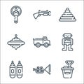 Children toys line icons. linear set. quality vector line set such as sand bucket, trumpet, markers, robot, toy truck, spinning