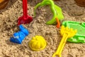 Children toys for sandbox in the sand. Royalty Free Stock Photo