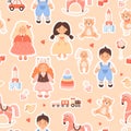 Children toys seamless pattern. Cute doll girls and boy, plush toys, rocking horse, pyramid, car, train, cubes, pacifier Royalty Free Stock Photo