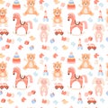 Children toys seamless pattern. Plush toys, car, cubes and rocking horse on white background. Vector illustration in Royalty Free Stock Photo