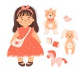 Children toys set. Cute girl in red dress doll, plush toys bear and rabbit, cubes, horse with duck. Vector illustration