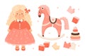 Children toys set. Cute little girl long hair in pink dress, doll toy, rocking horse, puzzles, cubes and pyramid. Vector