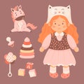 Children toys set. Cute red haired little girl in funny hat in dress, doll, unicorn toy, cubes, pyramid, pacifier and