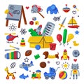 Children Toys Set, Various Objects for Kids Game, Box of Colorful Toys for Kindergarten or Playground Cartoon Vector