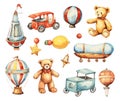 Children toys set, watercolor vintage bear, car and hot air balloon. Toy for kids icons, pastel retro elements vector Royalty Free Stock Photo