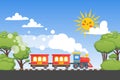 Children train ride on child railway, funny sun, green forest, cloud, flat vector illustration. Design banner, kid Royalty Free Stock Photo