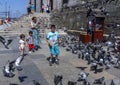 Children try to catch pigeons in Istanbul. Royalty Free Stock Photo