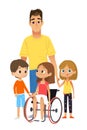 Children and Tutors. Caring and Support for the disabled child. Big family together vector illustration.