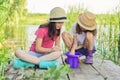 Children two girls together playing with water on lake on wooden pier in reeds Royalty Free Stock Photo