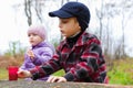 Children two little boy girl outdoor fall season Royalty Free Stock Photo