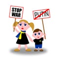 Children in ukrainian symbols with posters no war.vector illustration