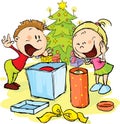 Children under the Christmas tree unwrap gifts
