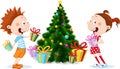 Children under the Christmas Tree Unwrap Gifts - vector illustration Royalty Free Stock Photo