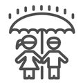 Children under umbrella line icon, 1st June children protection day concept, Boy and girl standing in rain under one big Royalty Free Stock Photo