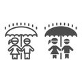 Children under umbrella line and solid icon, 1st June children protection day concept, Boy and girl standing in rain Royalty Free Stock Photo