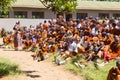 Children in uniforms playing in the cortyard of primary school in rural area near Arusha, Tanzania, Africa.