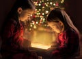 Children unwrap gifts on Christmas night.