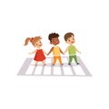 Children Using Cross Walk to Cross Street, Traffic Education, Rules, Safety of Kids in Traffic Vector Illustration