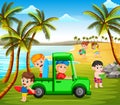 The children vacation in the beach using the car and playing in the coast