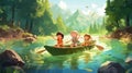 Children on vacation playing in a canoe on a river Royalty Free Stock Photo