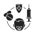 Children vaccination black glyph icon. Pediatric health care sign. Treatment, prevention and immunization. Pictogram for web page