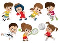 Children of various types of sports, such as soccer, boxing, run