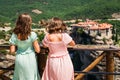 Children visiting the famous Meteora monastery in Greece Royalty Free Stock Photo