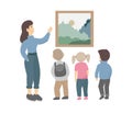 Children excursion in a museum, standing at picture and listening to guide. Guide shows a picture to children in a