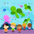 Children visiting the oceanarium. Vector Illustration