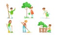 Children Volunteering in the Garden or Park Set, Teen Boys and Girls Gathering Garbage, Watering Trees, Repairing Fence