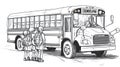 School Bus With Children and Backpacks Waiting, Back To School Art Royalty Free Stock Photo