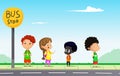 Children waiting for School Bus. Cartoon vector illutration Royalty Free Stock Photo