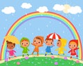 Children walk on a beautiful rainy day