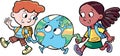Children walk with planet earth holding hands and supporting each