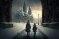 Children walking in the snow filled city