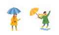 Children walking with umbrellas on rainy windy day. Boy and girl in casual autumn outfit holding umbrella cartoon vector