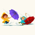 Children walking under raining sky with an umbrella, drops of rain are dripping into puddles, raining boy and girl in