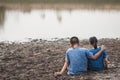 Children and water on arid soil in hot. Royalty Free Stock Photo