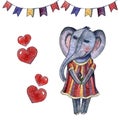 Children watercolor set elephant little girl