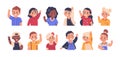 Children waving. Cartoon elementary school kids smiling and showing goodbye or welcome gesture. Cute child portraits