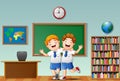 Children waving hand in the front of classroom with embrace each other