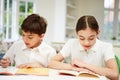 Children Wearing Doing Homework In Kitchen Royalty Free Stock Photo