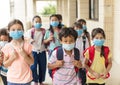 Children wearing face medical mask back to school after covid-19 quarantine