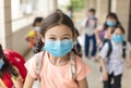 Children wearing  face medical mask back to school after covid-19 quarantine Royalty Free Stock Photo