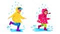 Children Wearing Raincoat Walking Puddles Vector Illustration Royalty Free Stock Photo